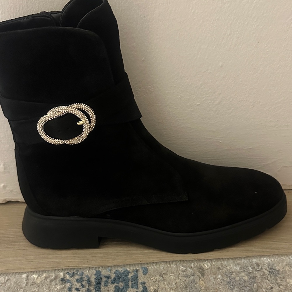 Stuart Weitzman Black Ankle Boots with Silver Accent